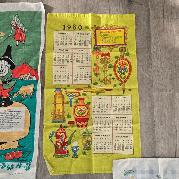 Vintage Decorative Calendar Tea Towels 1979-1983 Lot Of 7 Mixed Design Cotton Li - Picture 6 of 9